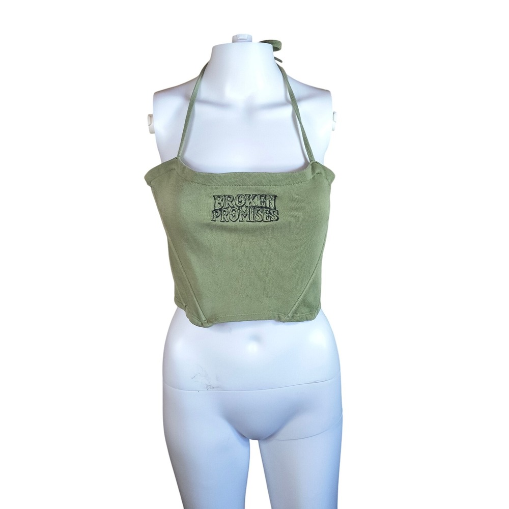 Broken Promises Olive Green‎ Halter Crop Top Corset Lace Up Streetwear Y2K S